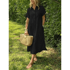 Liam striped shirt dress in soft cotton blend, featuring a button-down design in soft blue and white stripes. 4