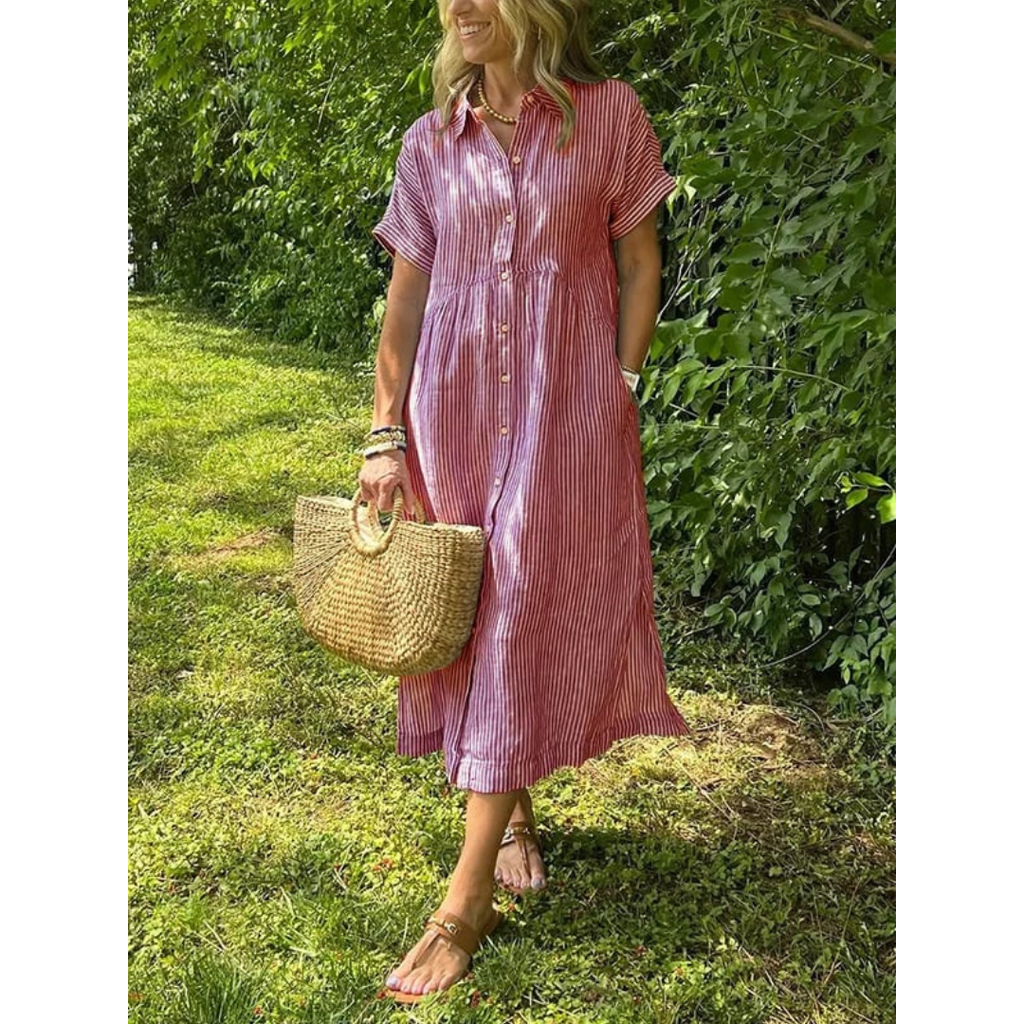 Liam striped shirt dress in soft cotton blend, featuring a button-down design in soft blue and white stripes. 5