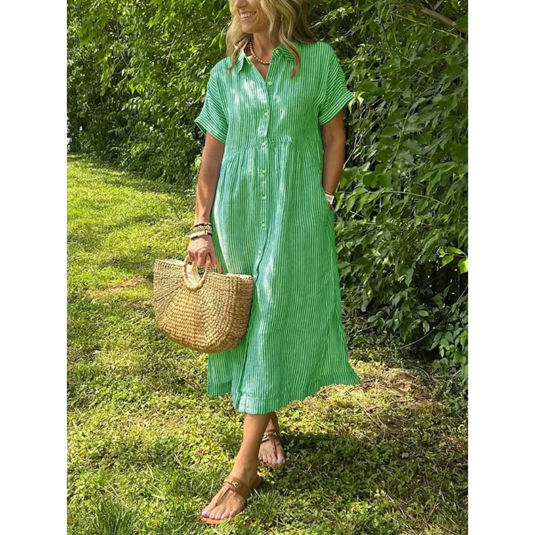 Liam striped shirt dress in soft cotton blend, featuring a button-down design in soft blue and white stripes. 6