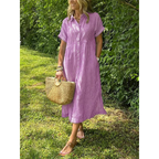 Liam striped shirt dress in soft cotton blend, featuring a button-down design in soft blue and white stripes. 7