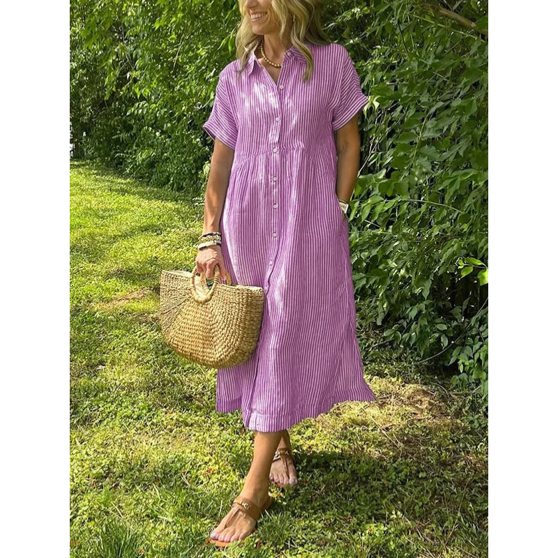 Liam striped shirt dress in soft cotton blend, featuring a button-down design in soft blue and white stripes. 7