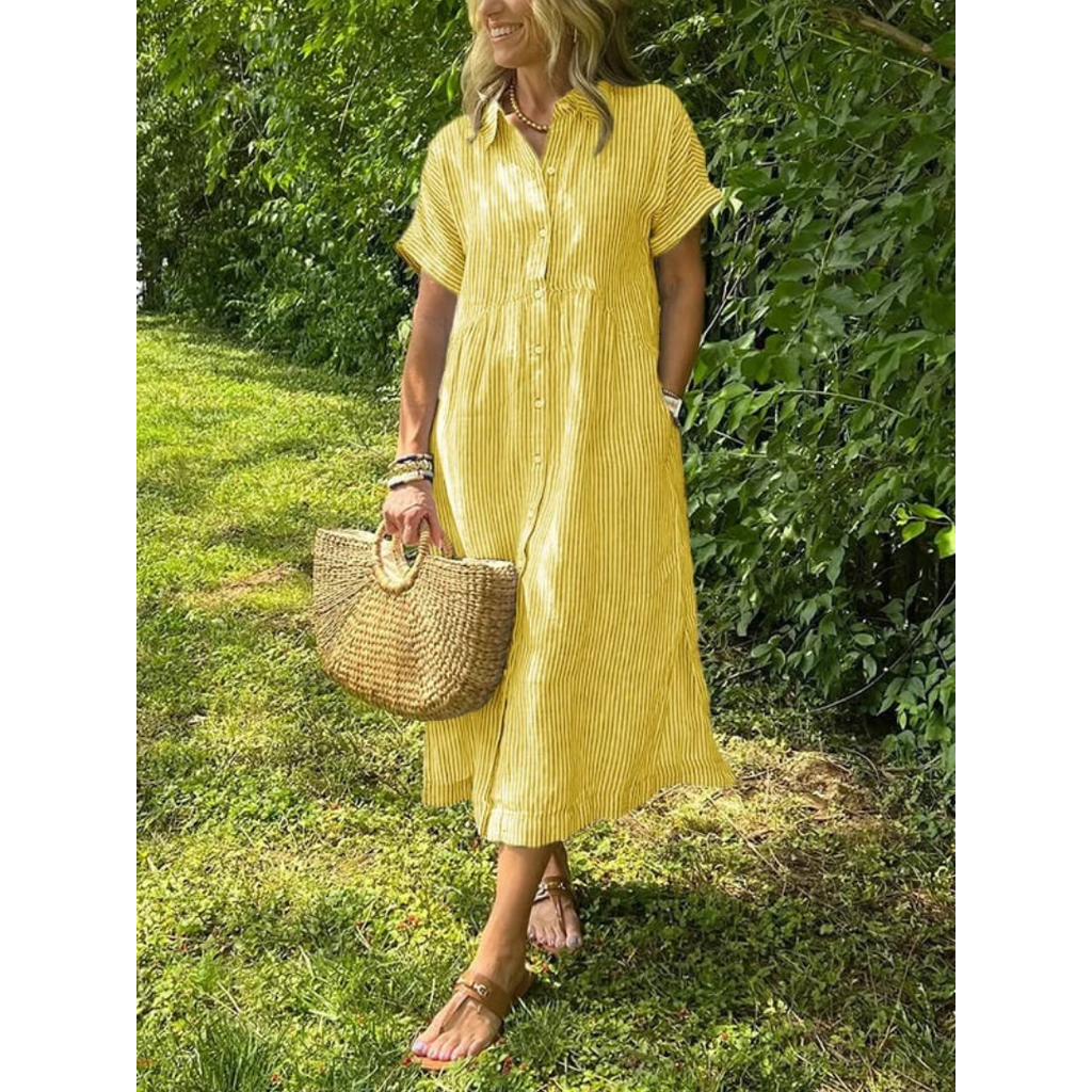 Liam striped shirt dress in soft cotton blend, featuring a button-down design in soft blue and white stripes. 8