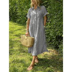 Liam striped shirt dress in soft cotton blend, featuring a button-down design in soft blue and white stripes. 9