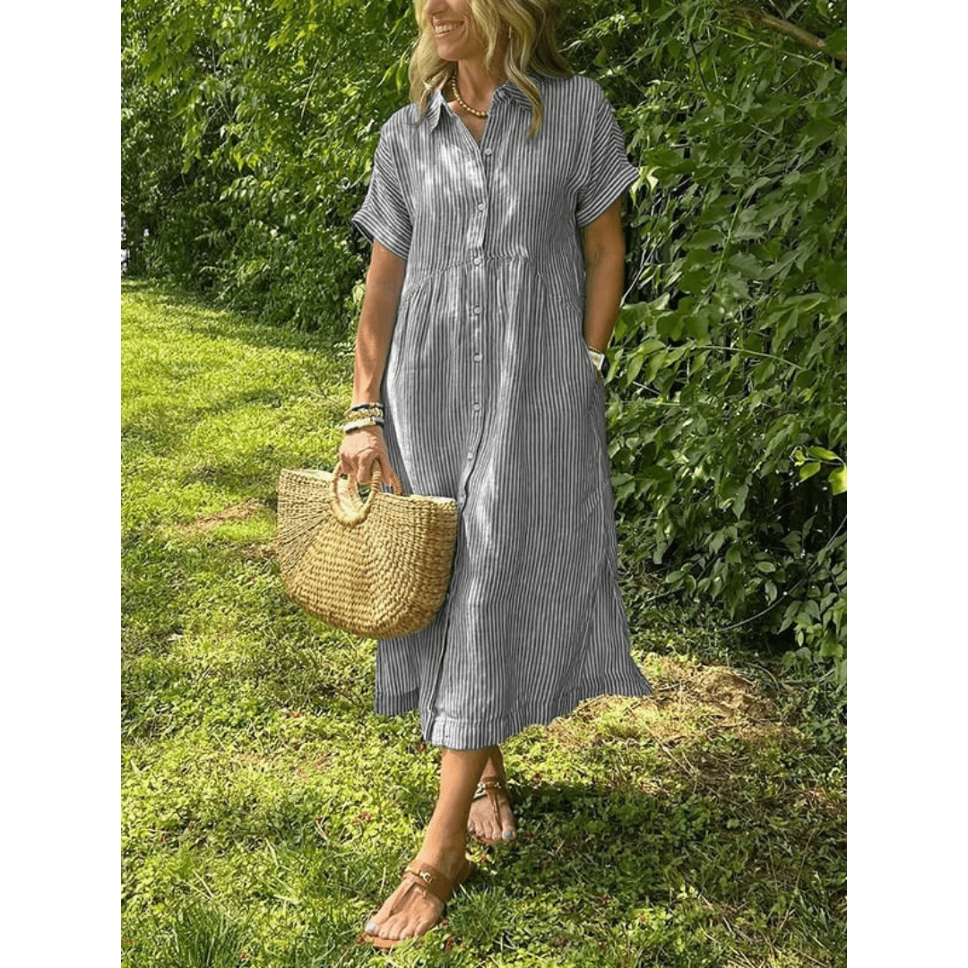 Liam striped shirt dress in soft cotton blend, featuring a button-down design in soft blue and white stripes. 9