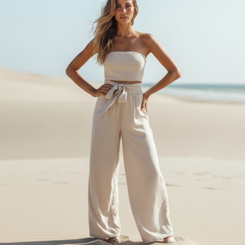 Backless bohemian jumpsuit in lilac with a bow tie waist, featuring a relaxed fit and flowing silhouette. 1