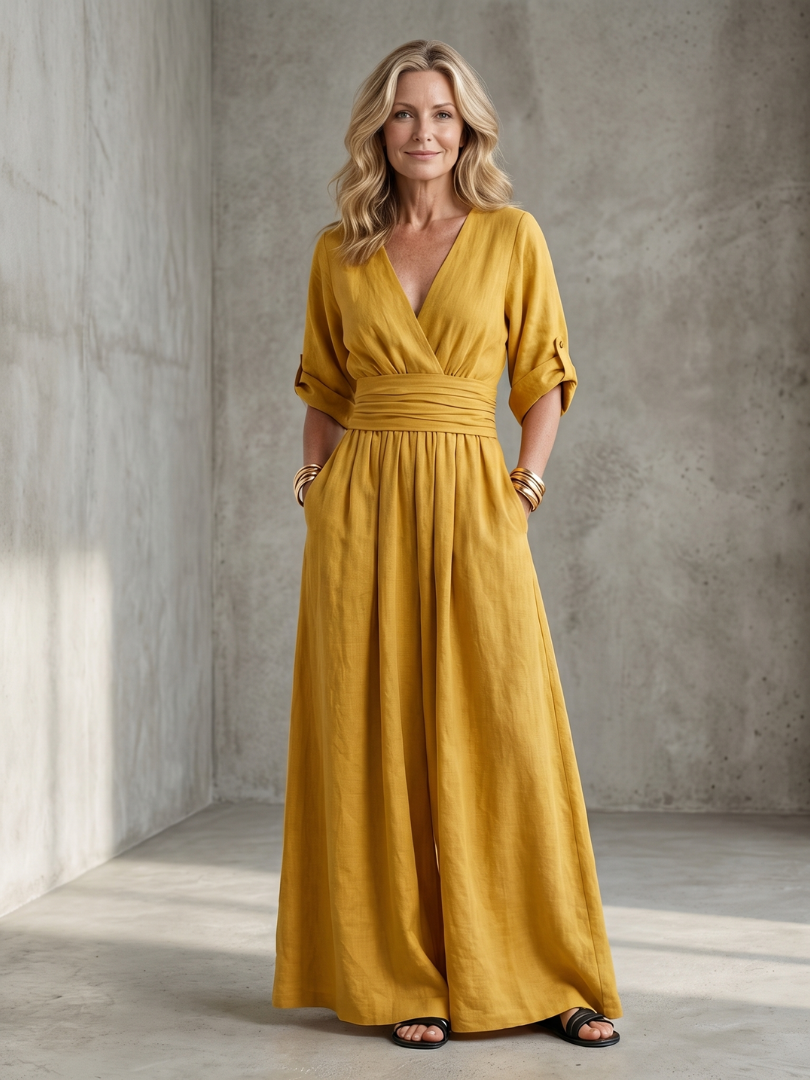 Lila wide leg jumpsuit in deep violet with a cross front and elbow-length sleeves, featuring a chic and elegant style. 0