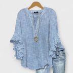 Lila floral blouse, light purple with ruffled sleeves, in a relaxed fit for women. 2