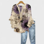 Lila floral blouse, light purple with ruffled sleeves, in a relaxed fit for women. 5