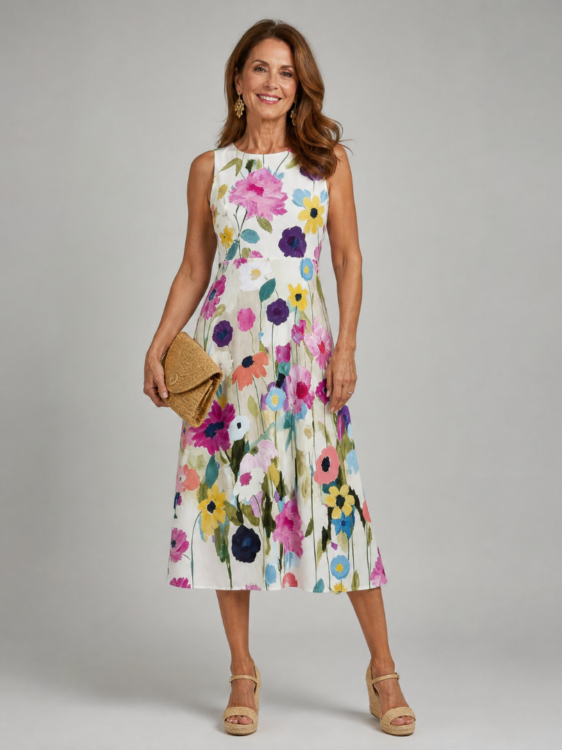 Lila floral midi dress, lightweight fabric, sleeveless, featuring a vibrant floral pattern in soft pastel colors. 0