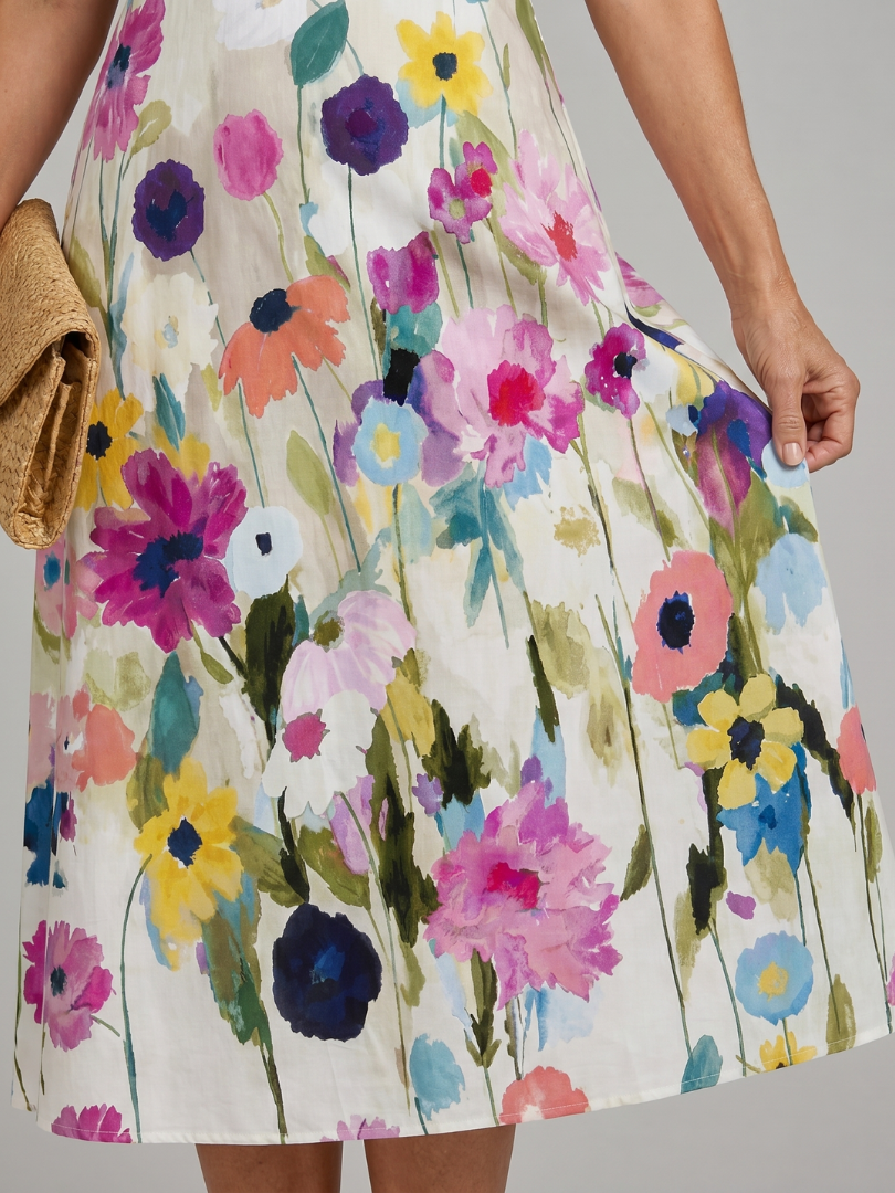 Lila floral midi dress, lightweight fabric, sleeveless, featuring a vibrant floral pattern in soft pastel colors. 2