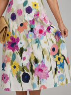 Lila floral midi dress, lightweight fabric, sleeveless, featuring a vibrant floral pattern in soft pastel colors. 2