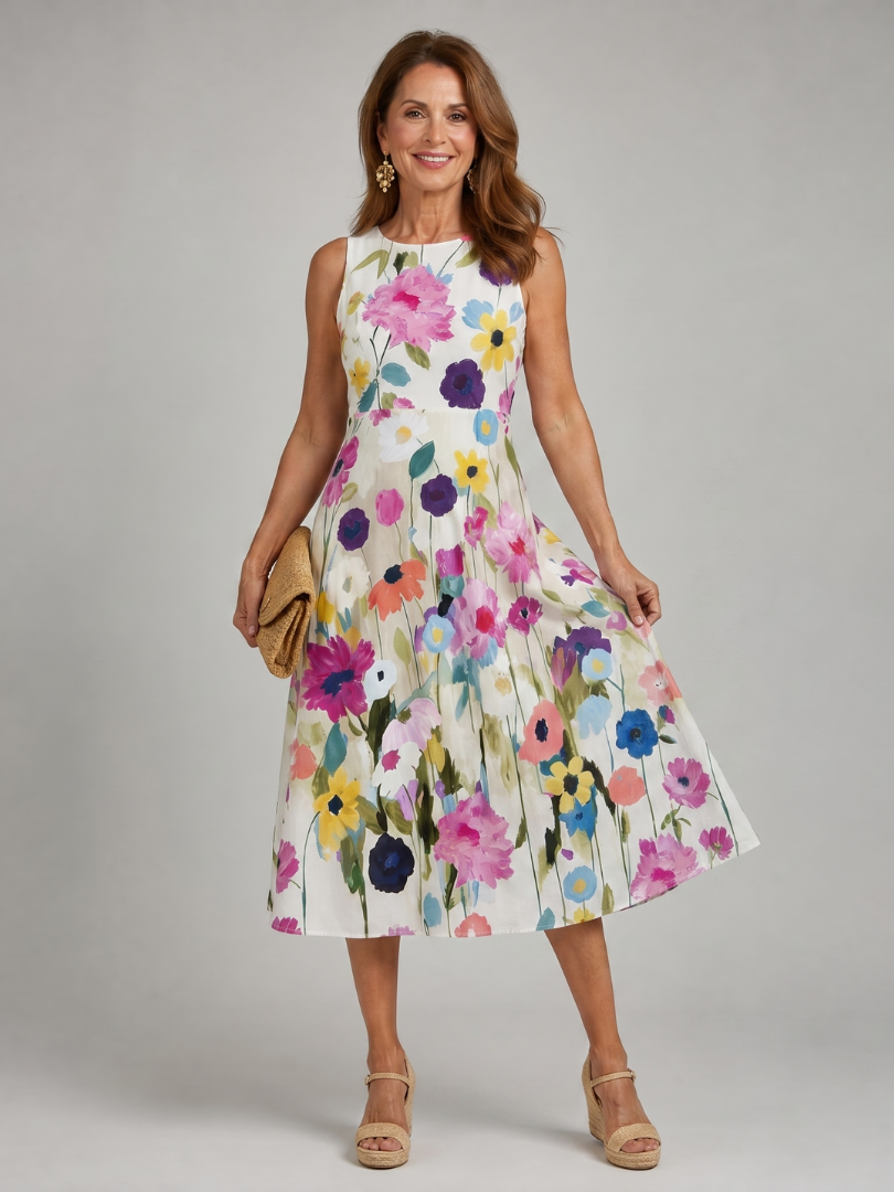 Lila floral midi dress, lightweight fabric, sleeveless, featuring a vibrant floral pattern in soft pastel colors. 3