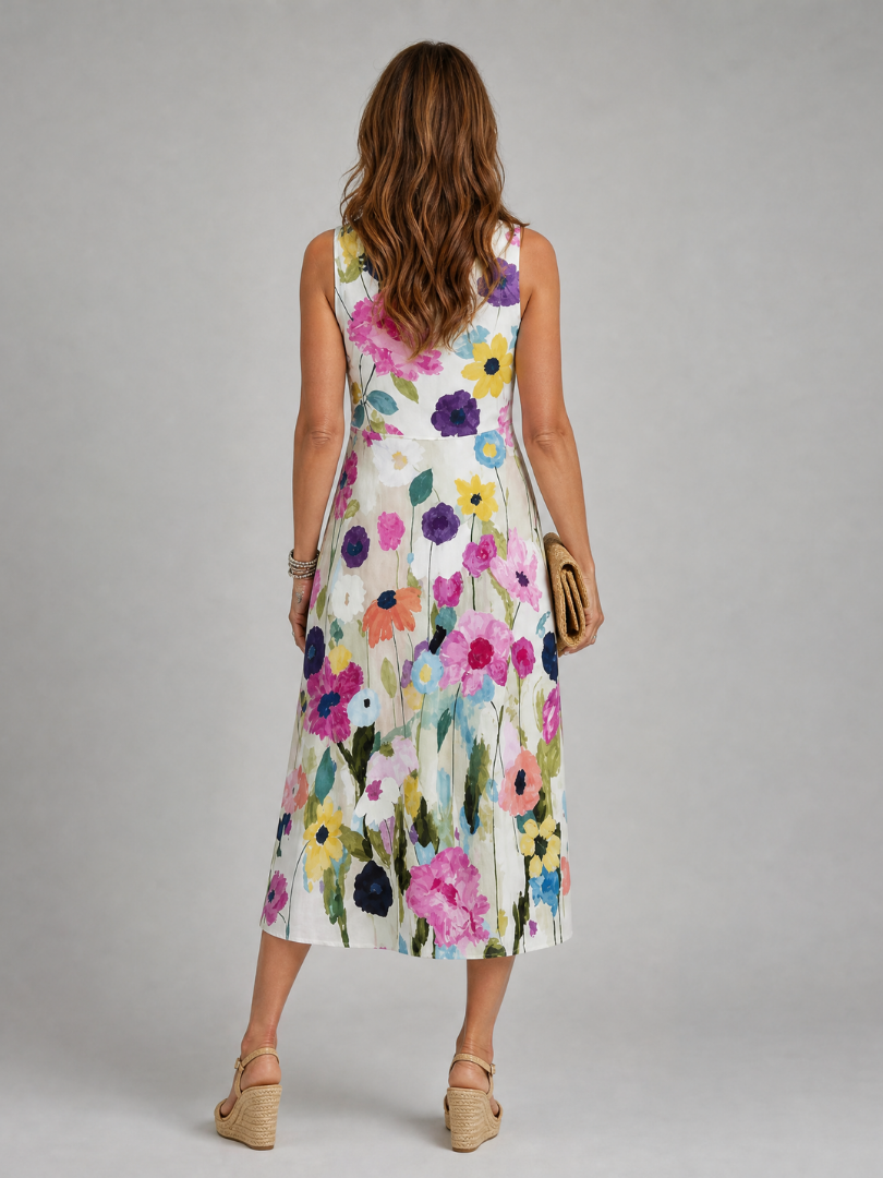 Lila floral midi dress, lightweight fabric, sleeveless, featuring a vibrant floral pattern in soft pastel colors. 4