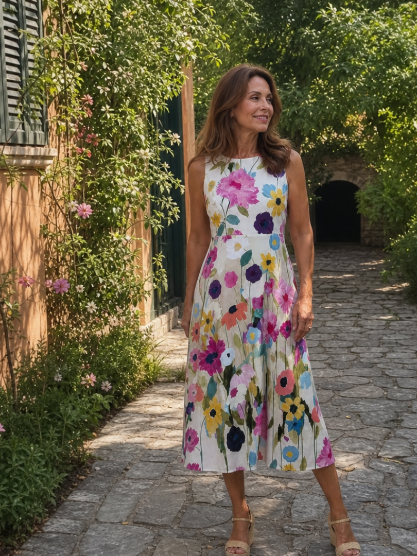 Lila floral midi dress, lightweight fabric, sleeveless, featuring a vibrant floral pattern in soft pastel colors. 5