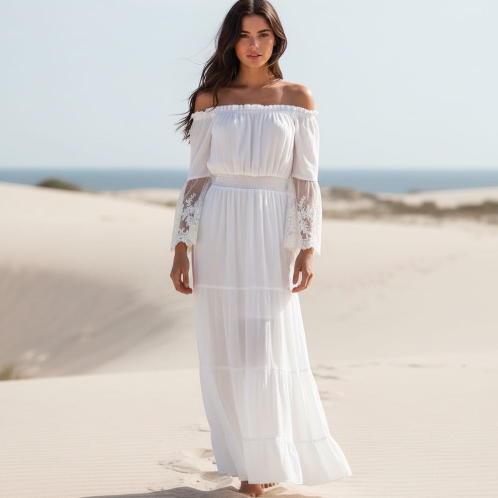 Lila maxi dress, lavender color, off-the-shoulder neckline, elegant lace sleeves, feminine style. 0