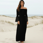 Lila maxi dress, lavender color, off-the-shoulder neckline, elegant lace sleeves, feminine style. 1