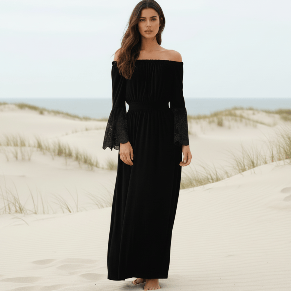 Lila maxi dress, lavender color, off-the-shoulder neckline, elegant lace sleeves, feminine style. 1