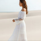 Lila maxi dress, lavender color, off-the-shoulder neckline, elegant lace sleeves, feminine style. 2