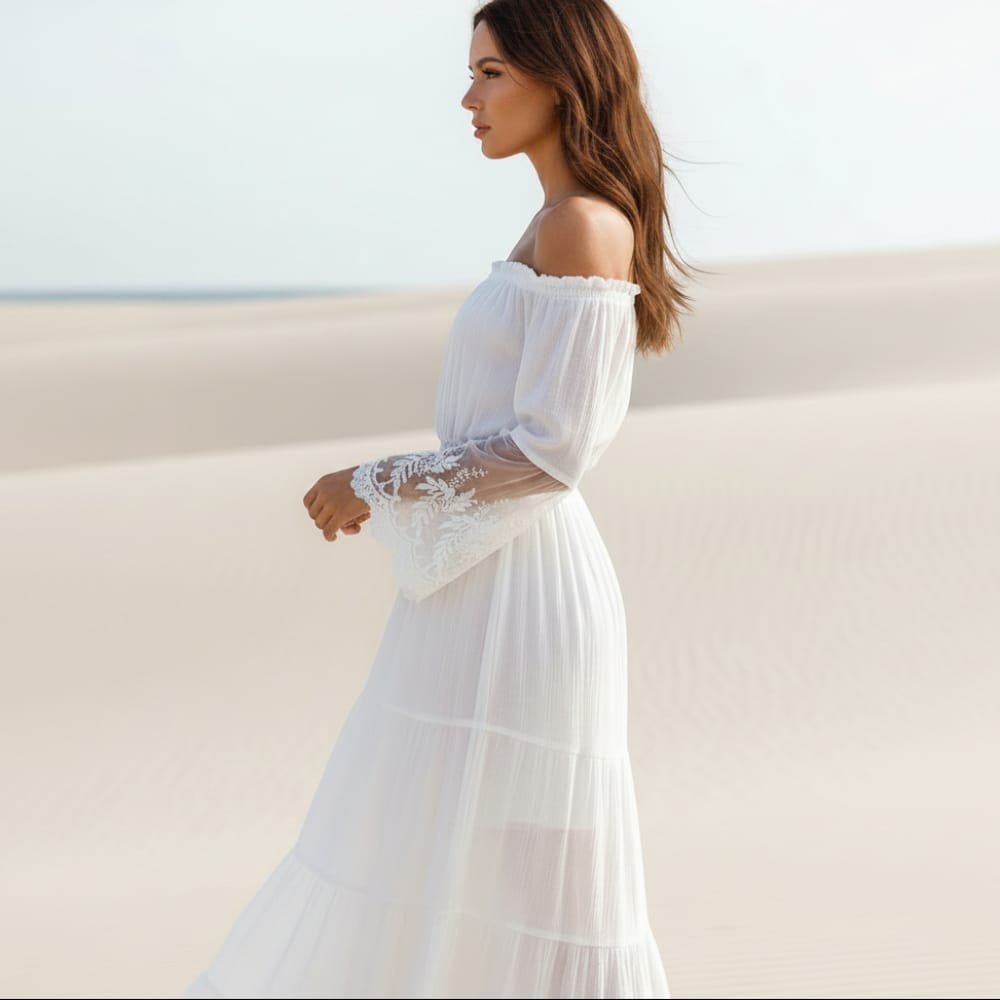 Lila maxi dress, lavender color, off-the-shoulder neckline, elegant lace sleeves, feminine style. 2