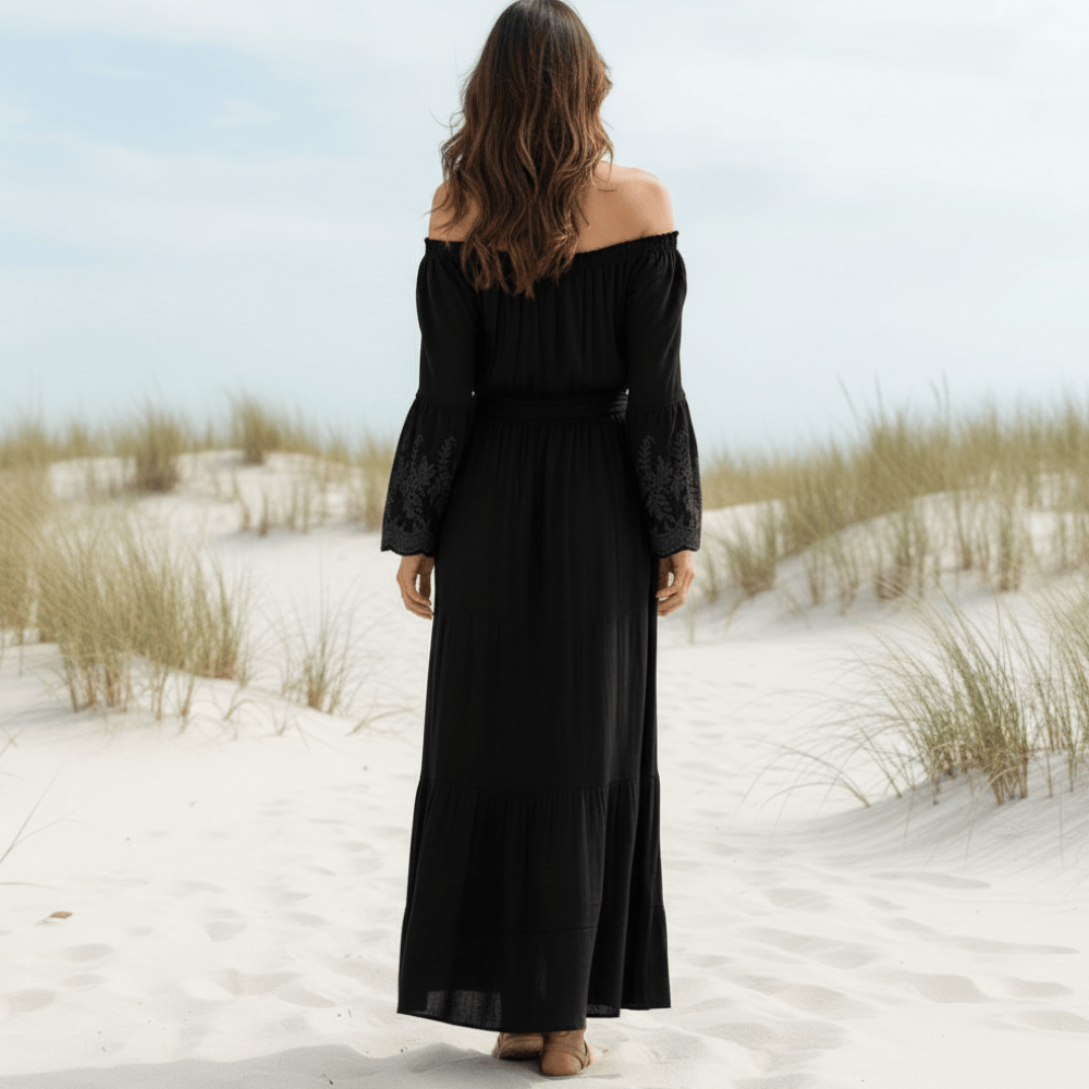 Lila maxi dress, lavender color, off-the-shoulder neckline, elegant lace sleeves, feminine style. 3