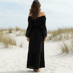 Lila maxi dress, lavender color, off-the-shoulder neckline, elegant lace sleeves, feminine style. 3