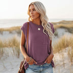 Lila solid short sleeve women's t-shirt in soft lavender with a pocket detail and a classic O-neck style. 3