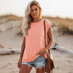 Lila solid short sleeve women's t-shirt in soft lavender with a pocket detail and a classic O-neck style. 6