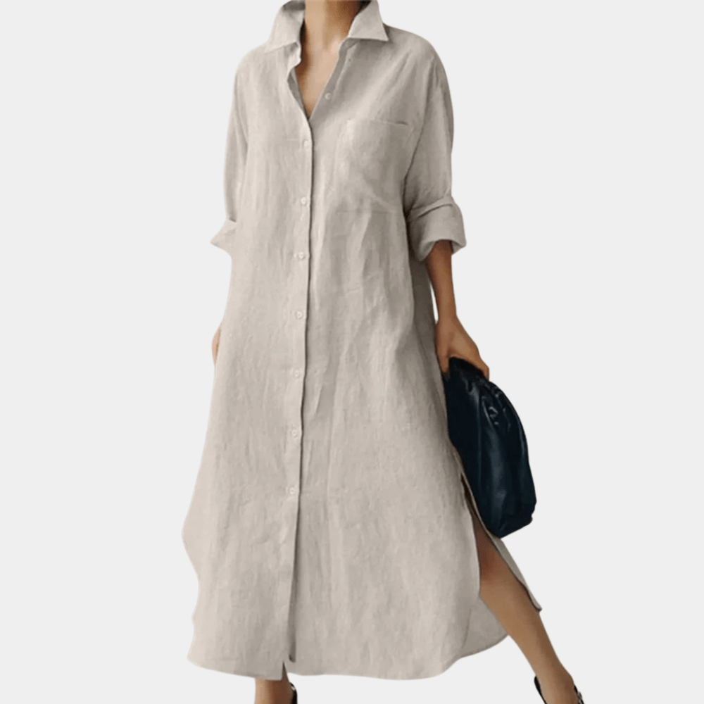 Light blue linen shirt dress with a relaxed fit and button-down front, perfect for casual summer outings. 1