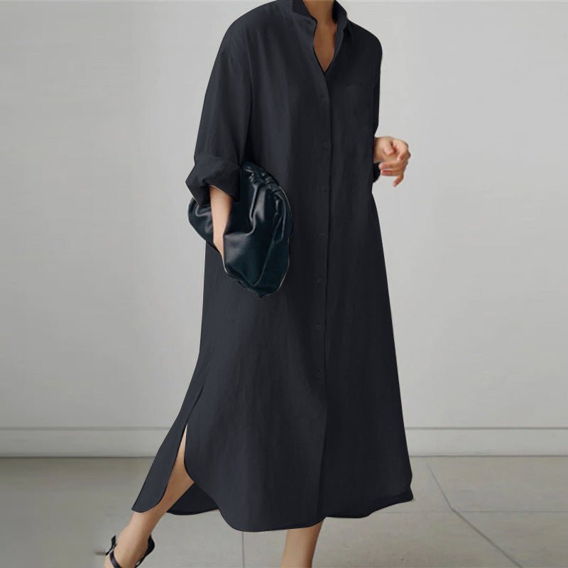 Light blue linen shirt dress with a relaxed fit and button-down front, perfect for casual summer outings. 2