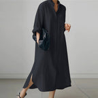 Light blue linen shirt dress with a relaxed fit and button-down front, perfect for casual summer outings. 2