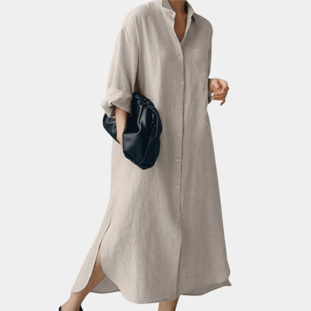 Light blue linen shirt dress with a relaxed fit and button-down front, perfect for casual summer outings. 4