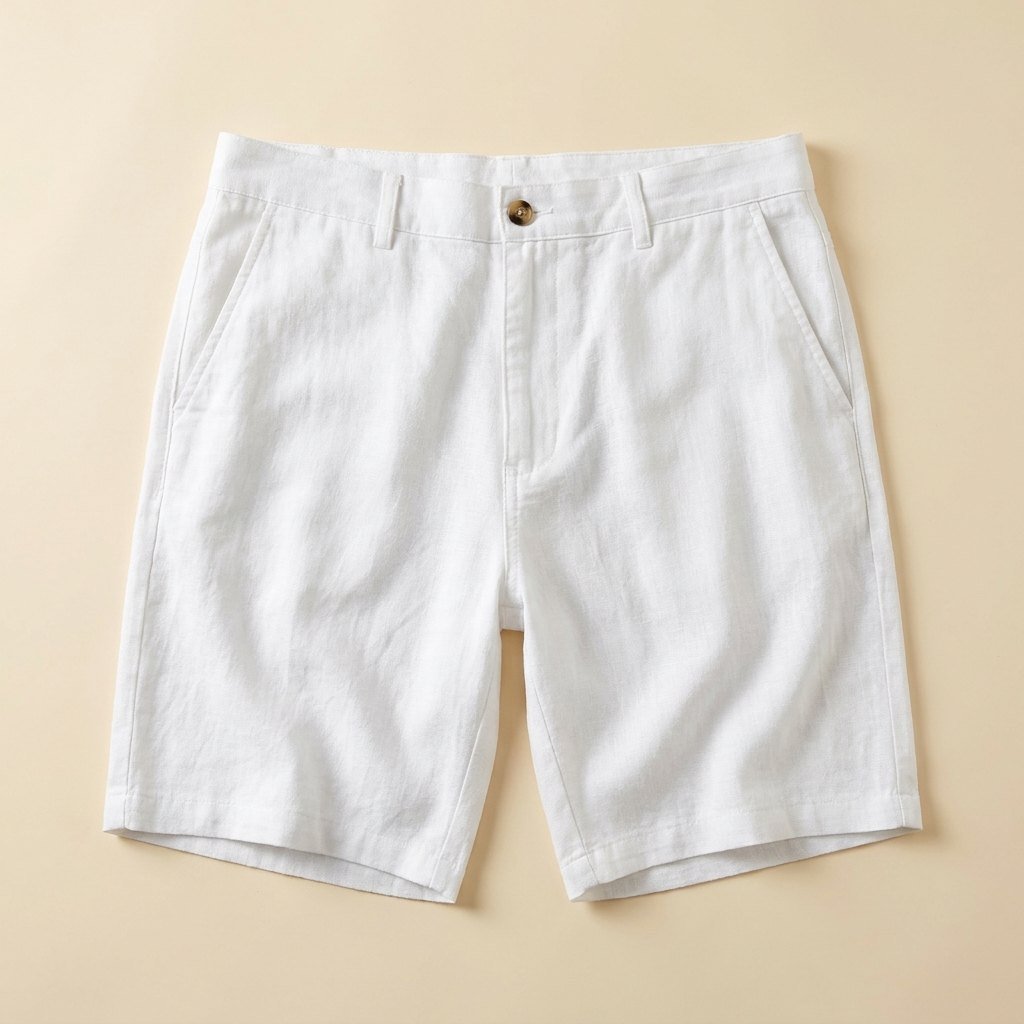 Light beige linen shorts with a relaxed fit and drawstring closure, perfect for casual summer wear. 5