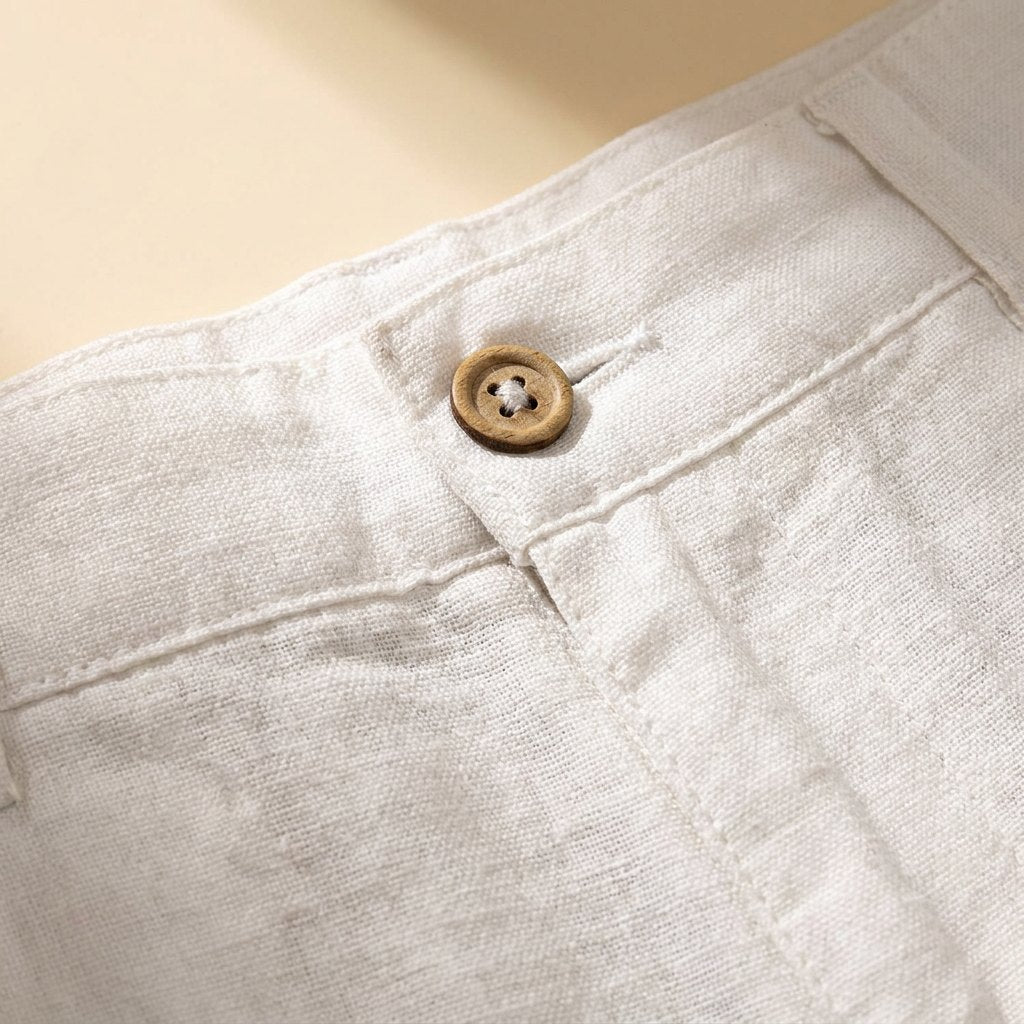 Light beige linen shorts with a relaxed fit and drawstring closure, perfect for casual summer wear. 6