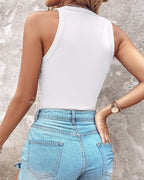Liora ribbed tank top in soft beige, O-neck design, sleeveless, slim fit, perfect for casual wear. 1