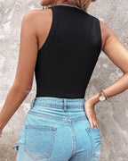 Liora ribbed tank top in soft beige, O-neck design, sleeveless, slim fit, perfect for casual wear. 8