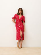 Liora Robe Laura Flowy Midi Dress with Red Floral Print and V-Neck 0