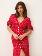 Liora Robe Laura Flowy Midi Dress with Red Floral Print and V-Neck 2