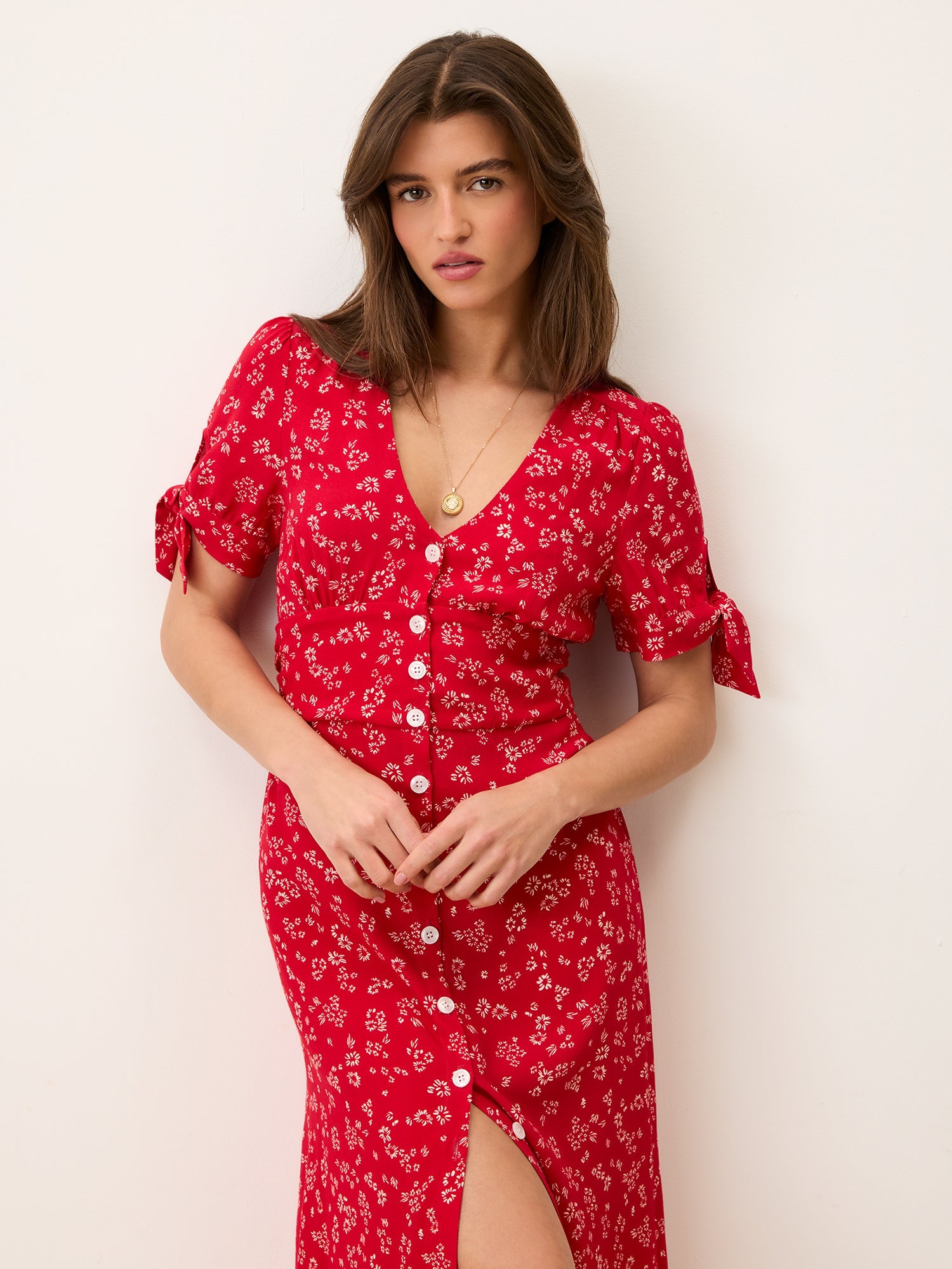 Liora Robe Laura Flowy Midi Dress with Red Floral Print and V-Neck 2
