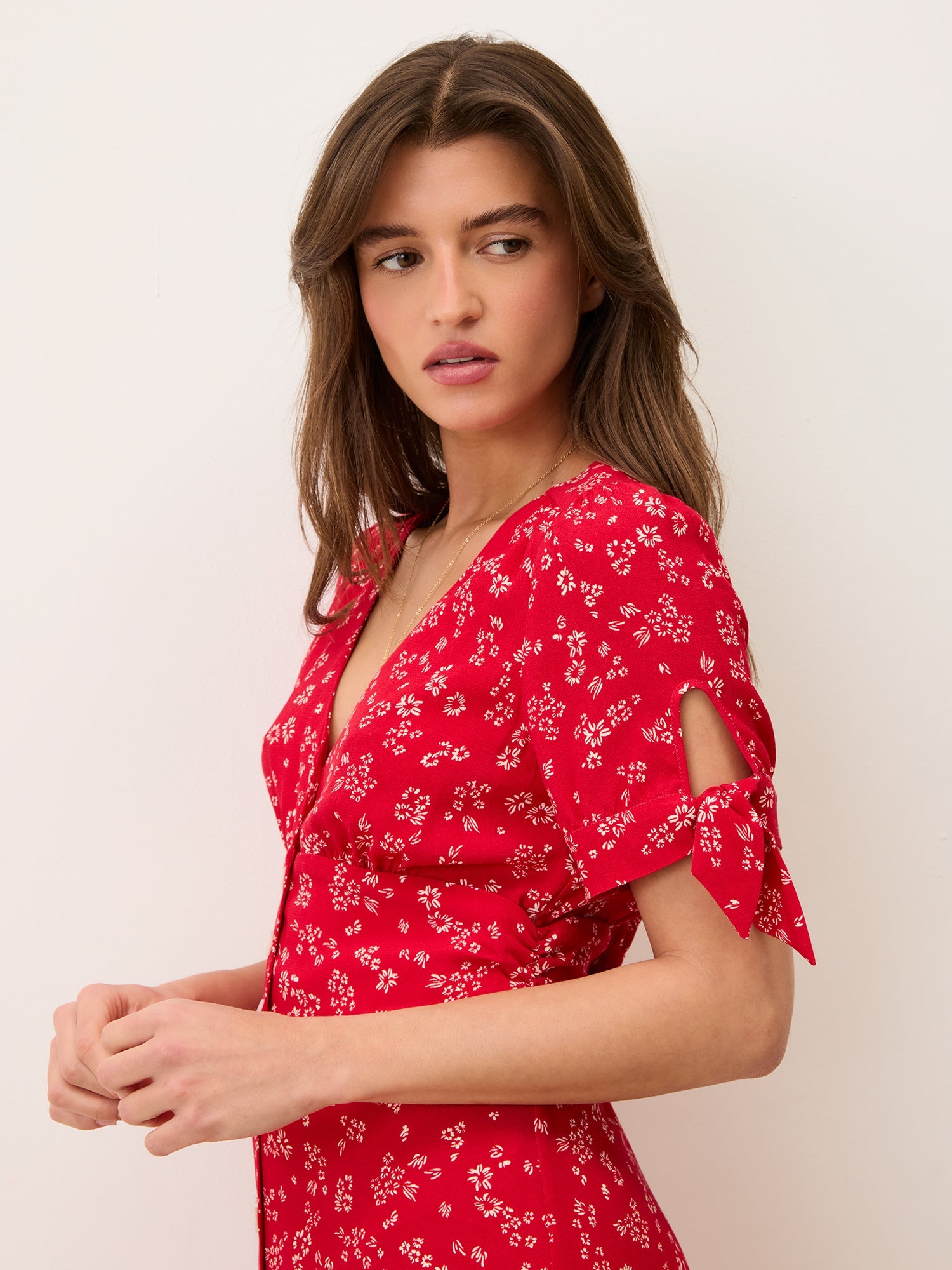 Liora Robe Laura Flowy Midi Dress with Red Floral Print and V-Neck 4