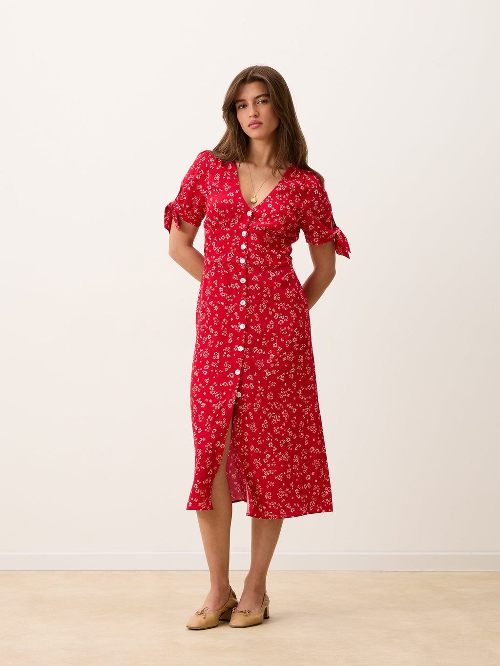Liora Robe Laura Flowy Midi Dress with Red Floral Print and V-Neck 5