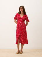 Liora Robe Laura Flowy Midi Dress with Red Floral Print and V-Neck 5