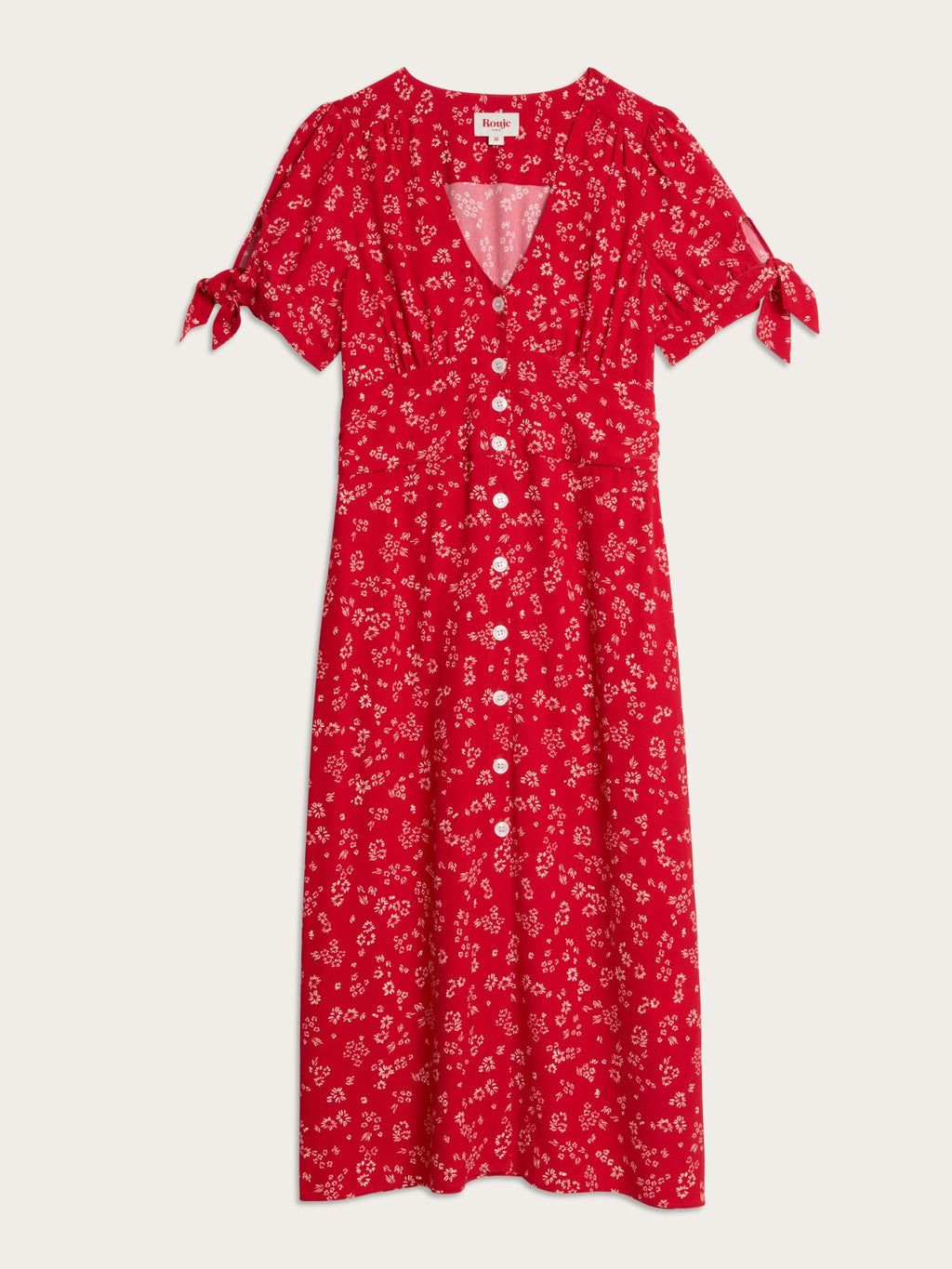 Liora Robe Laura Flowy Midi Dress with Red Floral Print and V-Neck 6