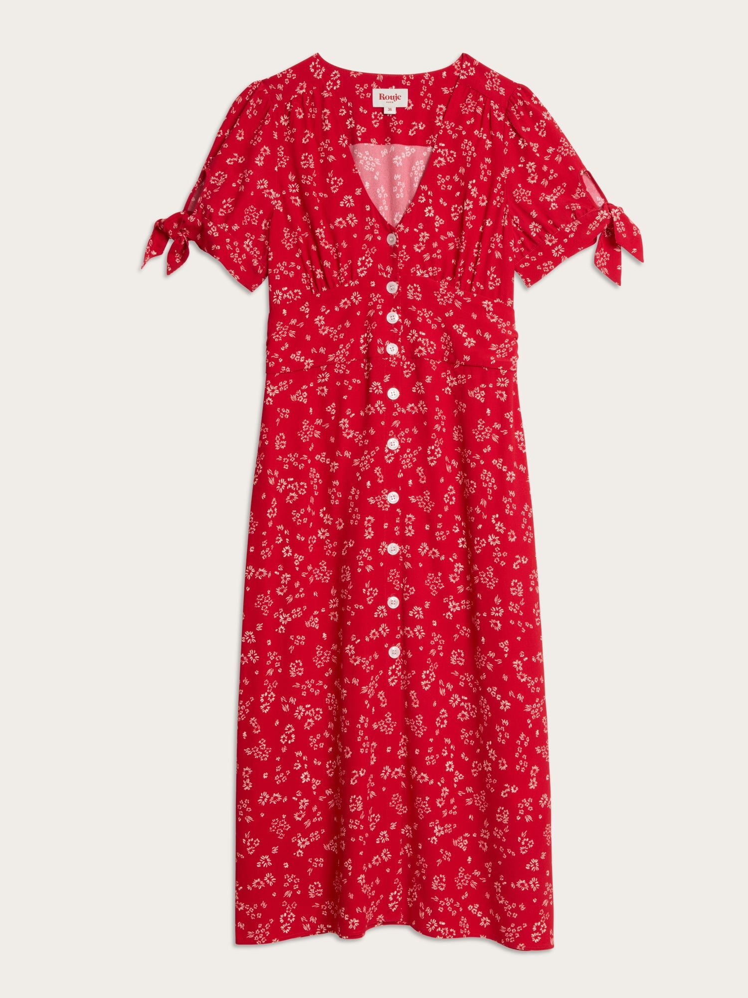 Liora Robe Laura Flowy Midi Dress with Red Floral Print and V-Neck 6