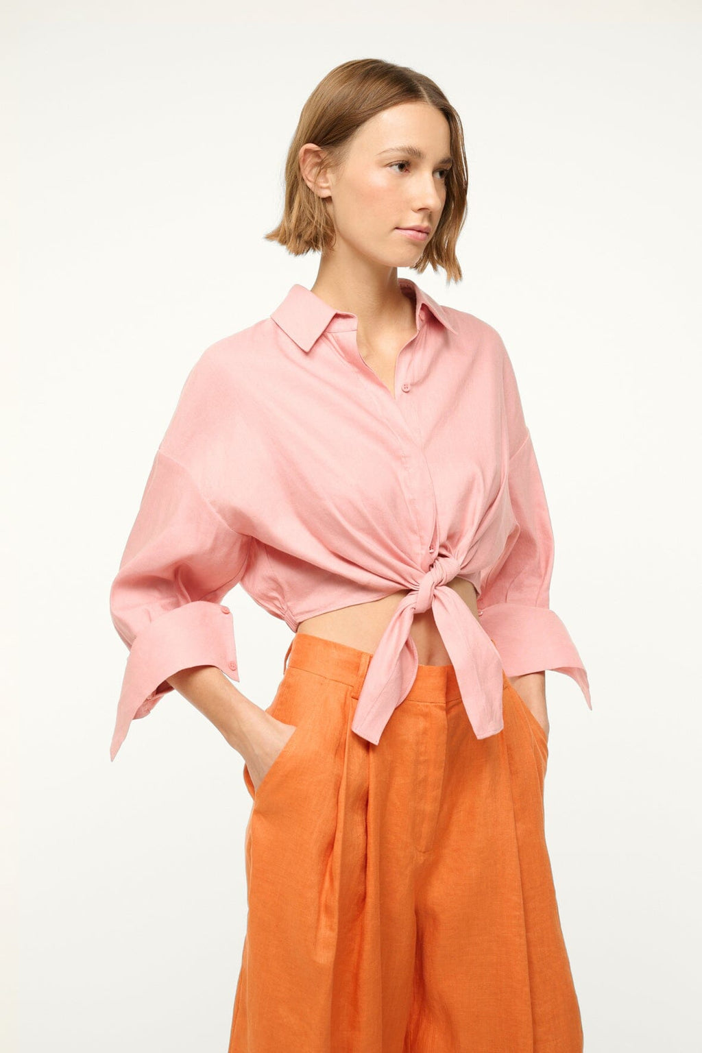 Lisa Linen Top Cropped Button-Down Shirt with Tie in Faded Blush 3