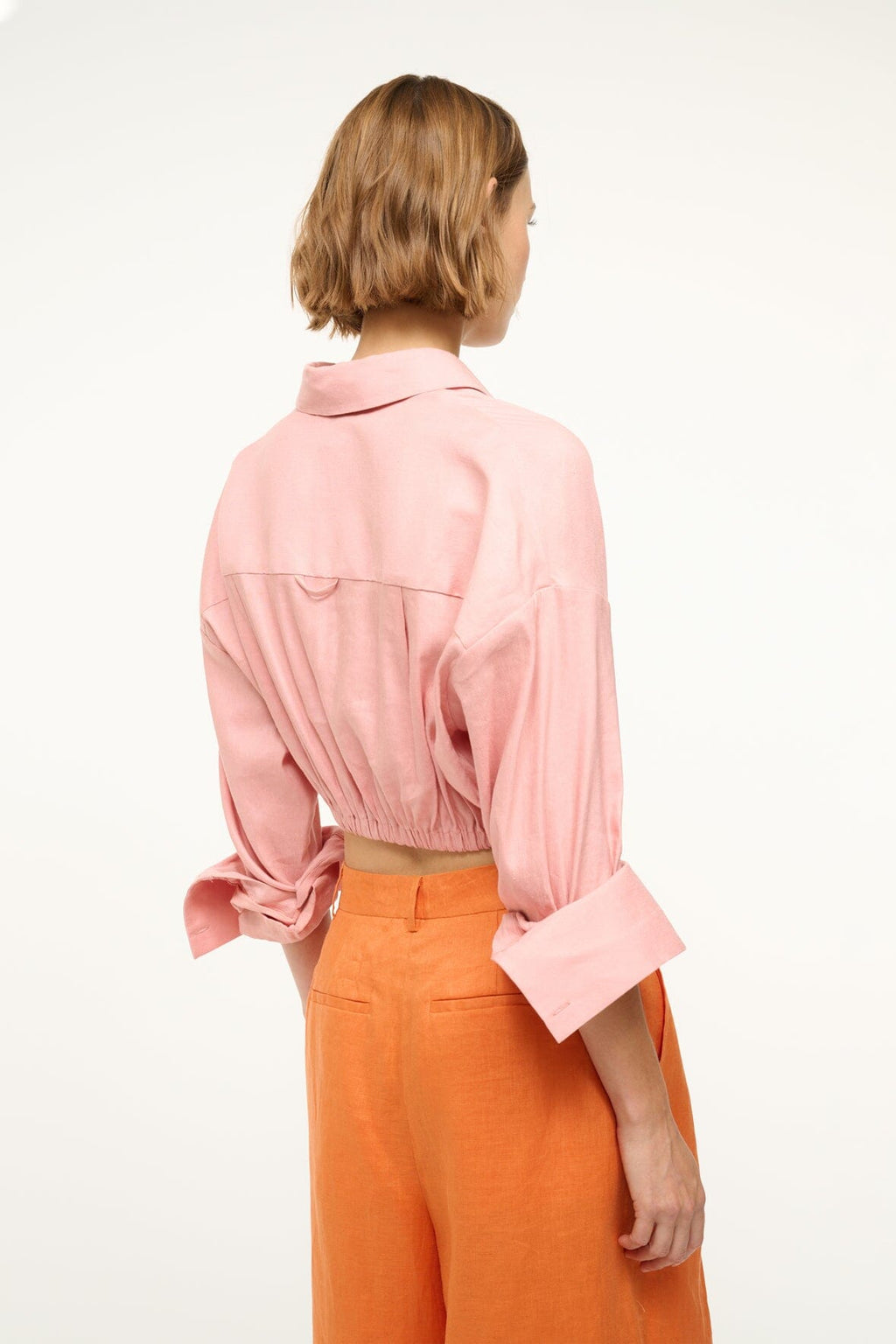 Lisa Linen Top Cropped Button-Down Shirt with Tie in Faded Blush 4