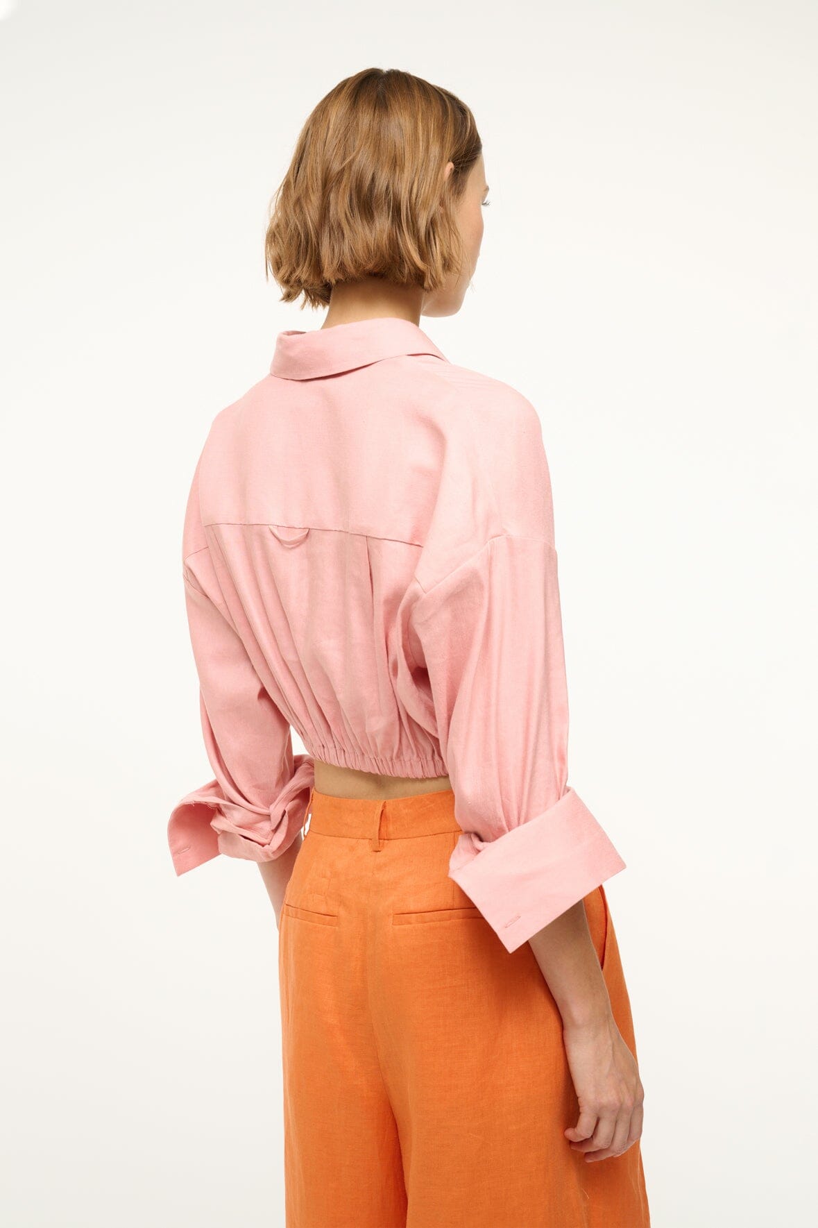 Lisa Linen Top Cropped Button-Down Shirt with Tie in Faded Blush 4