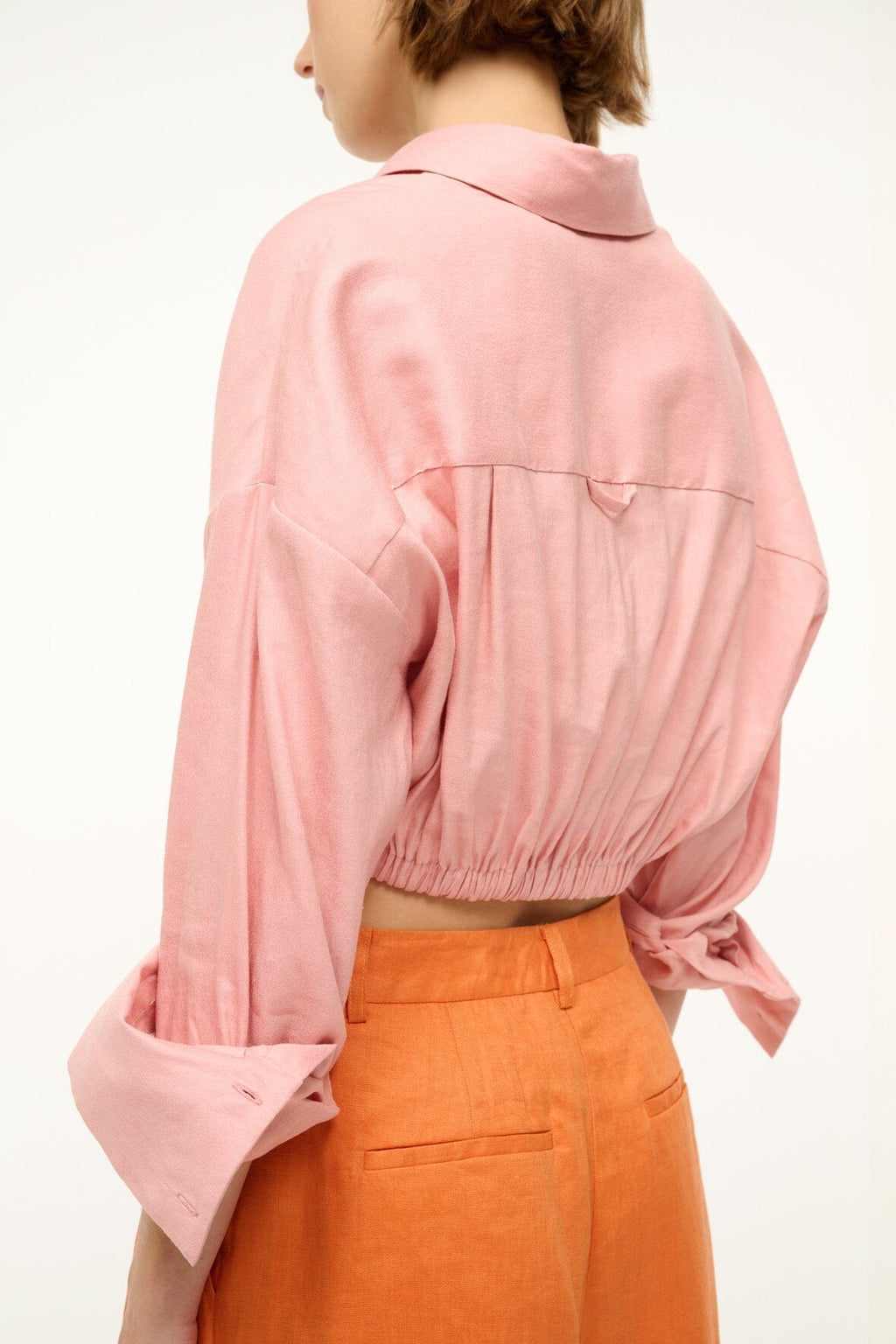Lisa Linen Top Cropped Button-Down Shirt with Tie in Faded Blush 5