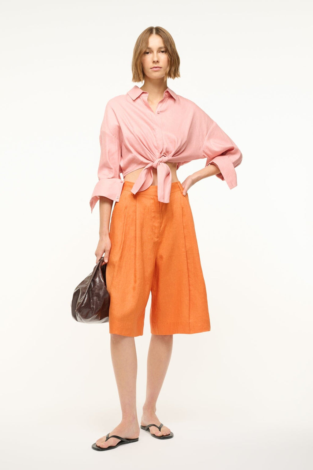 Lisa Linen Top Cropped Button-Down Shirt with Tie in Faded Blush 6