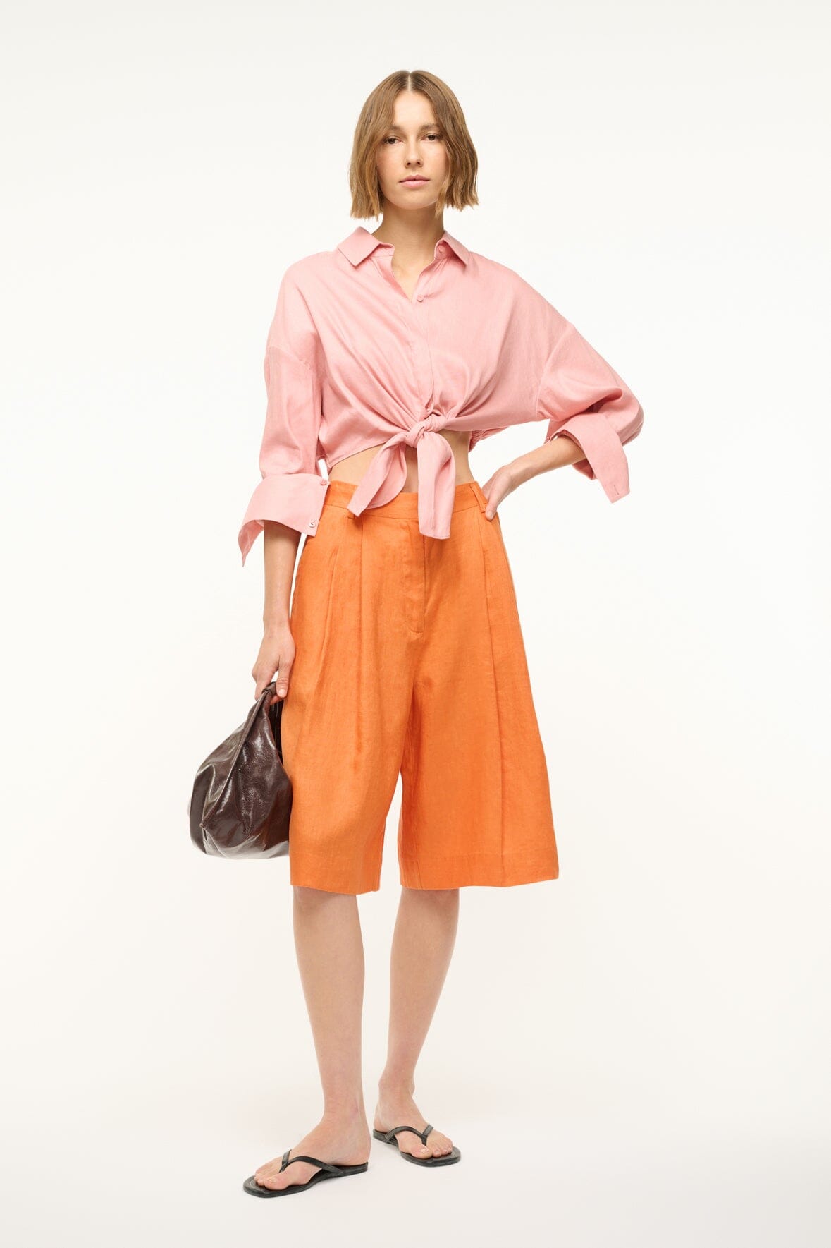 Lisa Linen Top Cropped Button-Down Shirt with Tie in Faded Blush 6