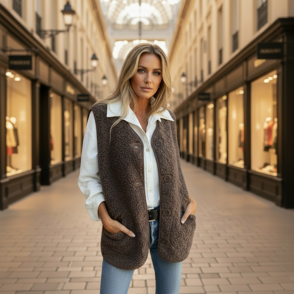 Lizzy sherpa fleece button-up vest, brown, worn in an arcade